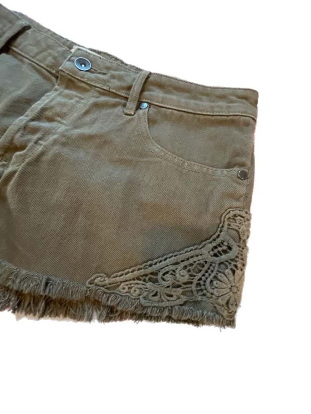 Roxy Lace Crochet Trim Distressed Denim Shorts in Olive Green